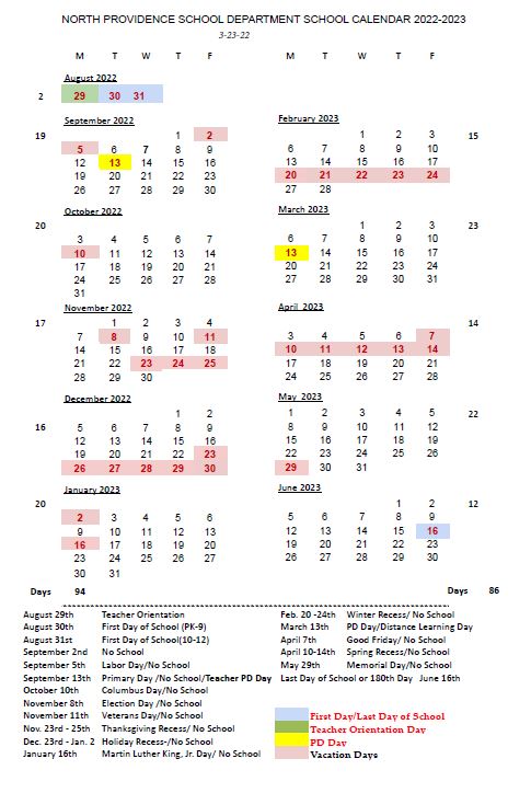 North Providence School Department Calendar 2023 and 2024