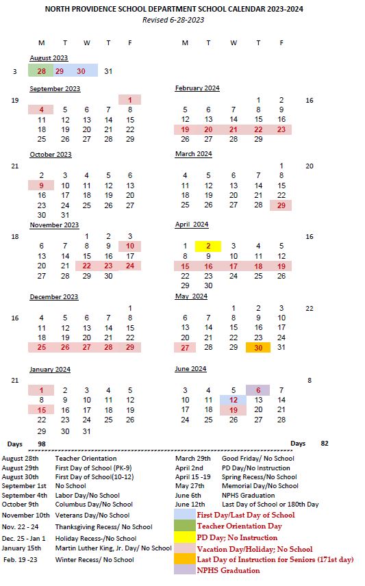 District Calendar NORTH PROVIDENCE SCHOOL DISTRICT